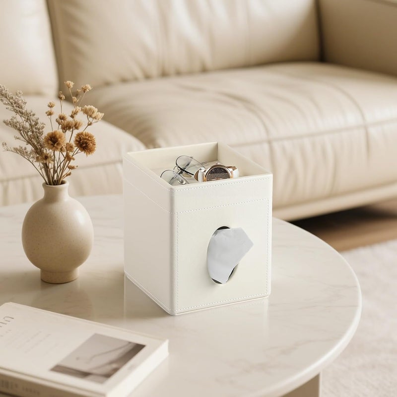 Cretkhp Tissue Box Cover, PU Leather Square Tissue Box Holder with Storage Tray for Bathroom Vanity Countertop Night Stands Bedroom Office Desk, Stylish Tissue Holder Decorative Organizer (Cream) - Image 2